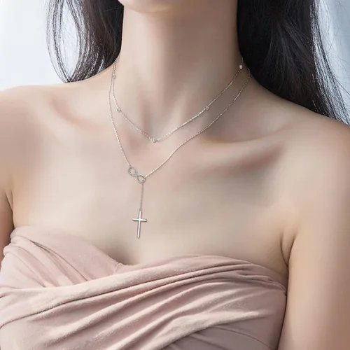 Vista 4 de MONGAS Lariat - Collar en capas de plata de ley 925 en forma de Y, gargantilla en capas, regalos de joyería de Navidad para mujer