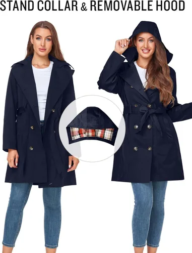 Vista 3 de SaphiRose Gabardina impermeable para mujer con doble botonadura larga con capucha extraíble