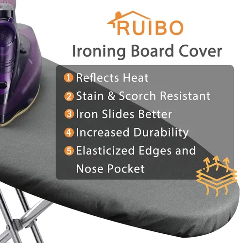 Vista 4 de Cubierta y almohadilla para tabla de planchar Ruibo, acolchado extra grueso y resistente de 4 capas, resistente a quemaduras y manchas, borde