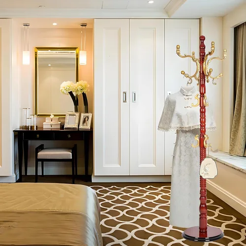 Vista 2 de Perchero independiente de madera, con 3 tamaños ajustables y 14 ganchos, resistente árbol de pasillo con base redonda sólida para entrada, pasillo