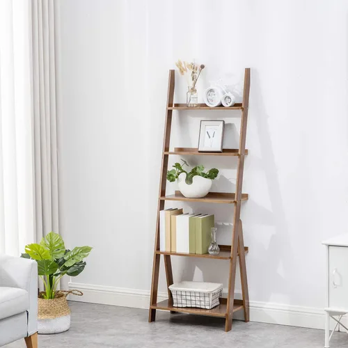 Estantería y escalera, estante de almacenamiento y organizador de bambú multiusos para oficina en casa, sala de estar, cocina, oficina, 5 niveles