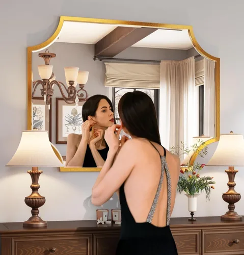 Vista 3 de Kelly Miller Espejo de baño dorado grande de 30 x 40 pulgadas para pared, espejo de tocador festoneado dorado, espejo decorativo con marco biselado
