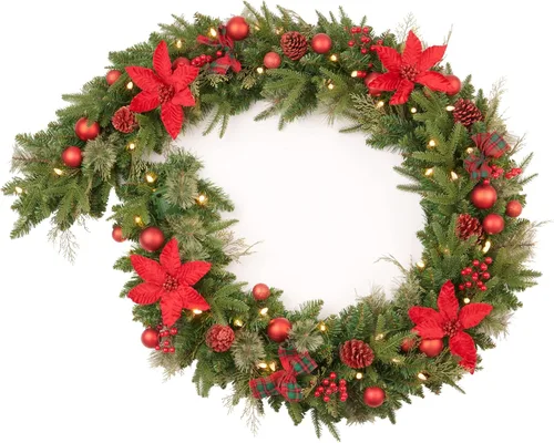 Vista 10 de Guirnalda de Navidad preencendida de 9 pies con bayas y bolas doradas, piña, flor dorada y 50 luces LED blancas suaves que funcionan