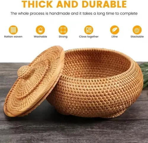 Vista 7 de Cajas redondas de ratán con tapa, bandeja de mimbre multiusos tejida a mano de 11 pulgadas, cesta de almacenamiento para mesa de pan, comida