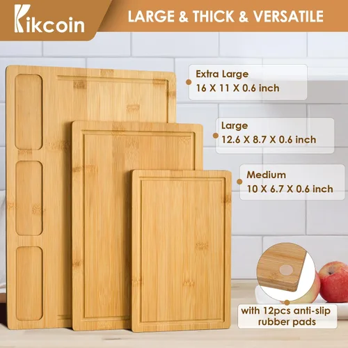 Vista 3 de Tabla de cortar de bambú para cocina, (juego de 3) tabla de cortar de cocina con 3 compartimentos integrados y ranura para jugos, bandeja