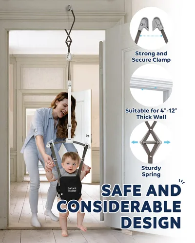 Vista 4 de Saltadores de puerta para bebés Infant Master, saltador Johnny resistente ajustable de 10.8"-23.6" de correa, suave rebotador de bebé con bolsa