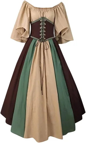 Black Gothic Dress for Women, Vintage Costumes for Women Ball Gown Patchwork Peasant Flare Sleeve Dress with Corset