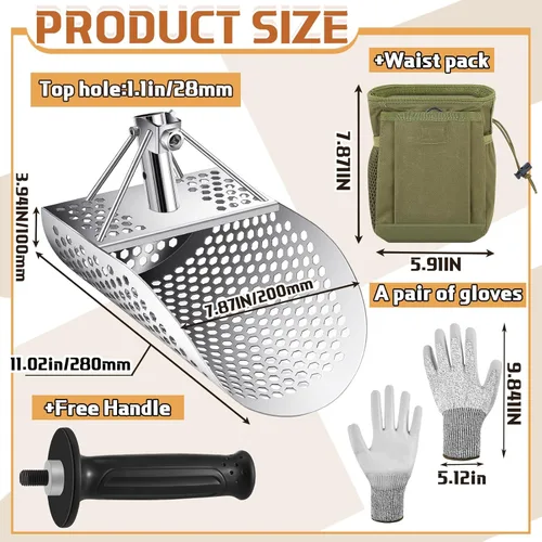 Vista 2 de WILLBOND Cuchara de arena para detección de metales, pala de acero inoxidable con mango, pala, herramientas de detección de metales con bolsa