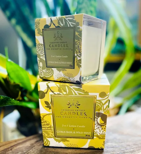 Vista 2 de Lotion Candle - Velas de masaje perfumadas de albahaca cítrica y menta silvestre para cuidado personal, 10 onzas, vela de cera de soja con mezclas
