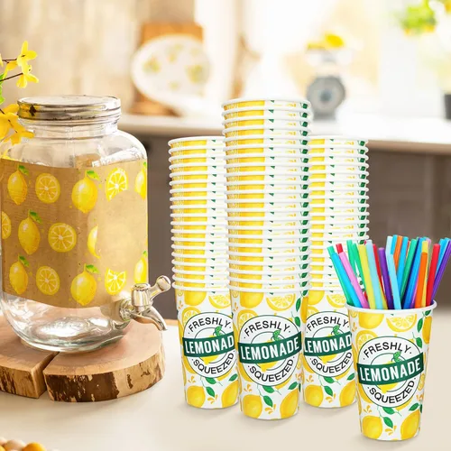 Vista 6 de Meanplan 300 piezas/100 juegos de vasos de limonada con tapas y pajitas, vasos desechables para fiestas, tazas de papel de limón, suministros