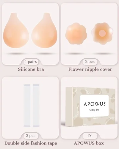Vista 5 de APOWUS Sujetadores adhesivos para mujer, brasier invisible con realce, sin espalda, brasier sin tirantes para busto grande, reutilizable