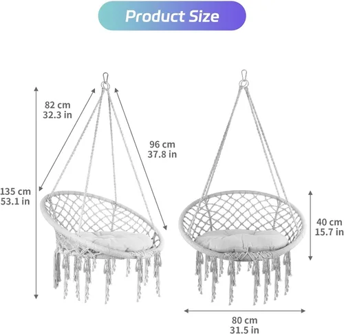 Vista 7 de Hamaca de 31.5 x 15.7 pulgadas, columpio de macramé, capacidad máxima de 360 libras, estilo bohemio, silla columpio con borlas, columpio