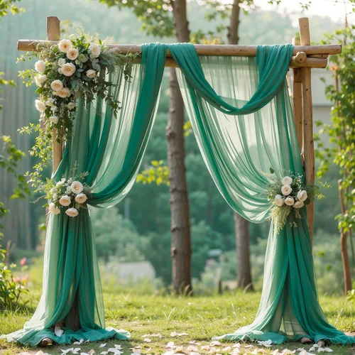 Vista 33 de Tela drapeada para arco de boda, 2 paneles de 18 pies, cortina de telón de fondo transparente negro de gasa para boda, arco, ceremonia, cenefa