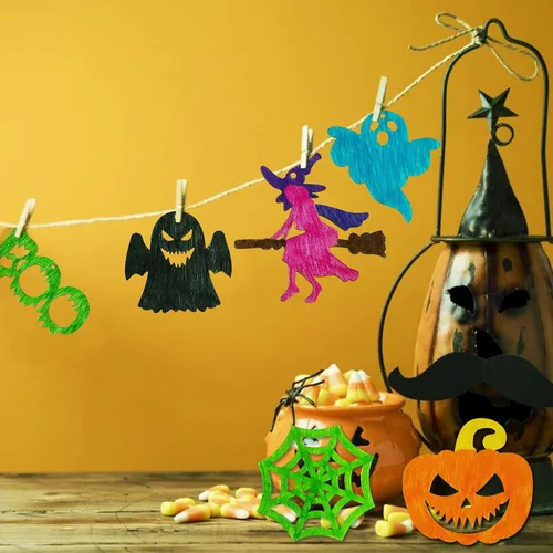 Vista 5 de Max Fun 60 piezas de manualidades de Halloween, pintura de rebanadas de madera, adornos de bricolaje de madera natural preperforada sin terminar