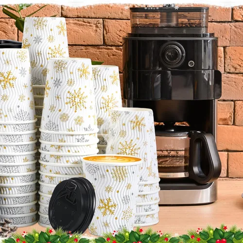 Vista 6 de Foaincore Paquete de 200 vasos de papel aislados de Navidad a granel de 12 onzas desechables para café caliente con tapas, vasos ondulados