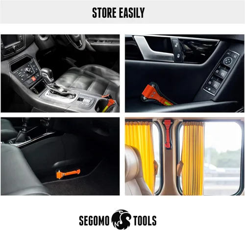 Vista 5 de Segomo Tools 2 martillos de seguridad de escape de emergencia con interruptor de ventana de coche y cortador de cinturón de seguridad - ESHM02
