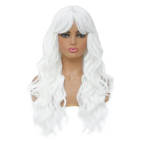 Vista 16 de SWACC Peluca larga y rizada ondulada con flequillo peluca de pelo sintético para mujeres con gorra de peluca (negro)