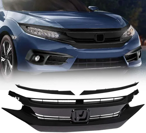 PIT66 Rejilla de parachoques delantero + 2 tapas de ojo, compatible con Honda Civic 10ª generación 2016-2018, equipo original de fábrica ABS estilo