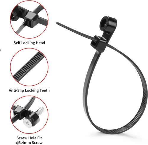 Vista 4 de 200 bridas negras de 8 pulgadas con agujero para tornillo, cabeza montable, correas multiusos de nailon resistente con orificio de montaje