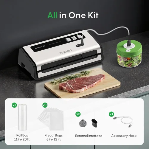 Vista 9 de FRESKO Selladora de Alimentos al Vacío con Detección Automática de Bolsas, Doble Sellado Térmico, Almacenamiento Integrado de Rollos de Bolsas