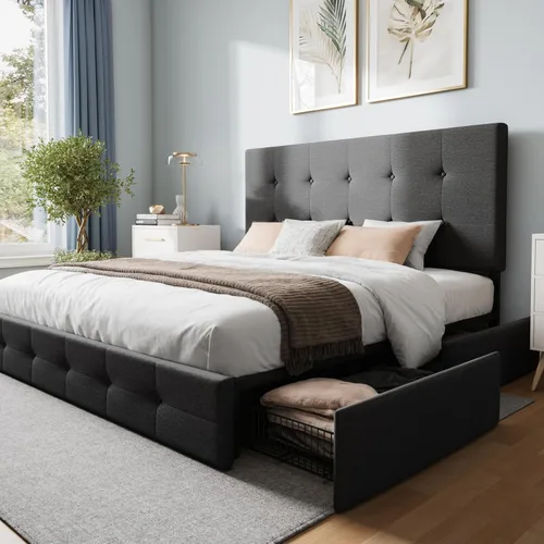 Vista 32 de WEEWAY Base de cama de plataforma de tamaño matrimonial con 4 cajones de almacenamiento, cabecera capitonada con botones de costura de diamante