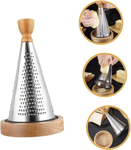 Vista 9 de Uonlytech Multifunctional Kitchen Cheese Grater with Wood Handle Stainless Steel Three-sided Design Stable Stand for Home Restaurant Vegetable