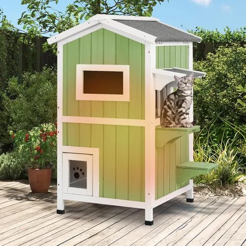 Vista 9 de PetsCosset Casa Aislada para Gatos de Exterior Resistente a la Intemperie con Aislamiento Integral de Dos Pisos de Madera Refugio para Gatos Ferales