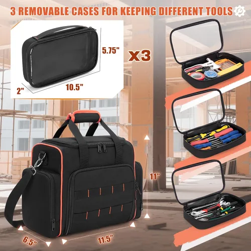 Vista 3 de Bolsa de herramientas Marscamd con 3 estuches extraíbles, bolsa de herramientas de 2 capas para herramientas manuales, negra con ribete rojo