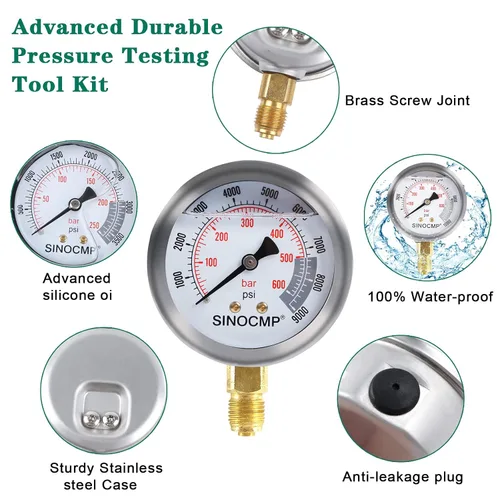Vista 6 de SINOCMP Kit de manómetro hidráulico versión mejorada, 25/40/60 MPa 3 manómetro 6 acoplamiento de prueba, 3 mangueras de prueba, 1 estuche