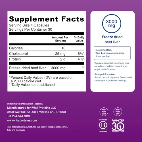 Vista 4 de Hígado de ganado alimentado con grama, criado pasto de Vital Proteins (120 Cápsulas, 0,026 oz cada una)