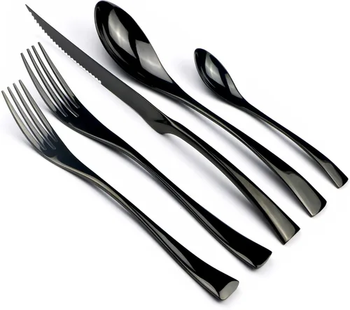 Juego de cubiertos de acero inoxidable 18/10 de 5 piezas de cuchillos dentados para carne, pulido de espejo, color negro, servicio para 1