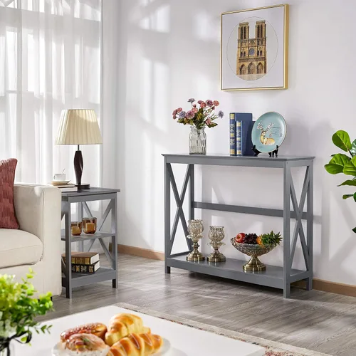 Vista 18 de Yaheetech Mesa de entrada de madera, mesa de consola para entrada, mesa de sofá de 2 niveles con estante de almacenamiento para sala de estar, Blanco