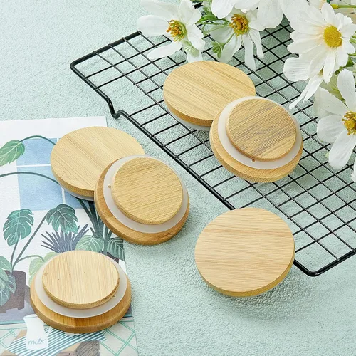 Vista 6 de Juego de tapas para tarros de yogur Sawysine, reutilizables, de bambú y madera, redondas, con anillos de sellado de silicona, compatibles con tarros