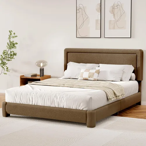 Vista 8 de Marco de cama Boucle de tamaño Queen, marco de cama tapizado Cloud con cabecera ajustable, esquinas redondeadas suaves, no requiere somier, fácil