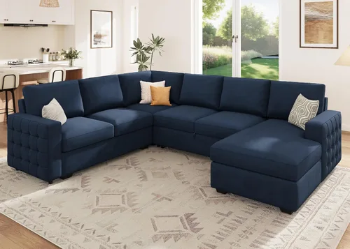 Vista 17 de HONBAY Sofá seccional con cama extraíble, sofá cama seccional con almacenamiento, sofás en forma de U para sala de estar, terciopelo beige