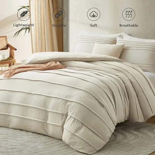 Vista 2 de Oli Anderson Funda de edredón beige tamaño King, funda de edredón plisada King, juego de ropa de cama texturizada suave y transpirable de 3 piezas