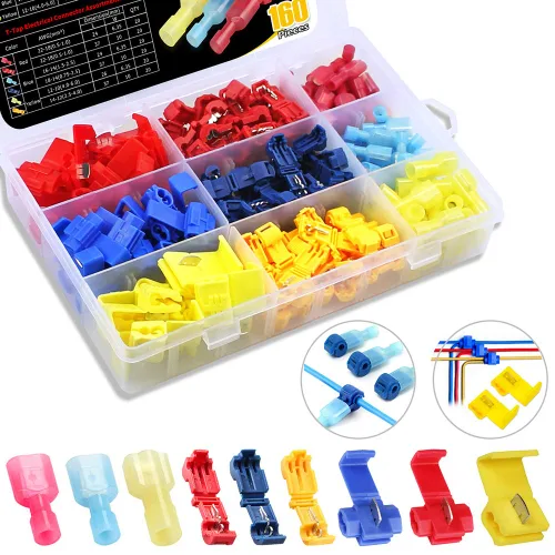 FIXITOK Kit de conector de empalme rápido T-Tap de 160 piezas, 60 juegos de conectores de cable T-Tap autopelables con terminales aislados macho de