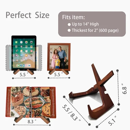 Vista 3 de Soporte para libros de cocina para encimera de cocina con capacidad para libros de 600 páginas, elegante soporte rústico de madera para exhibir