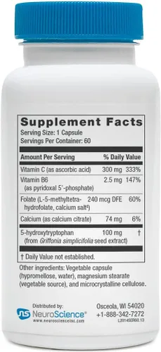 Vista 6 de NeuroScience Serene - Soporte para el sueño y el estado de ánimo con 5-HTP, folato activo + B6 (60 cápsulas)
