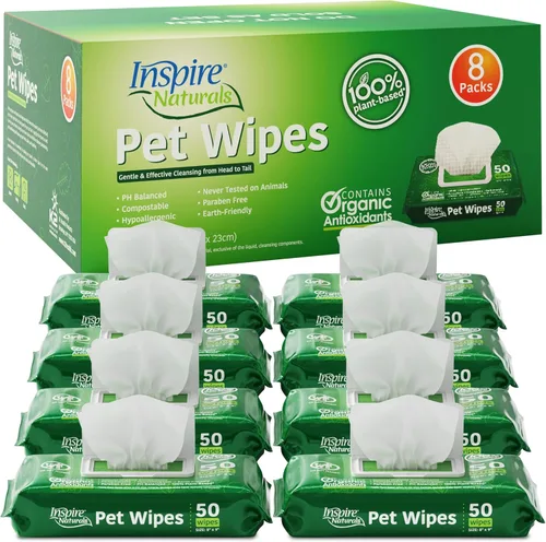 Vista 10 de Inspire Naturals Toallitas para mascotas para perros y gatos 100% naturales a base de plantas con antioxidantes orgánicos, desodorizante de limpieza