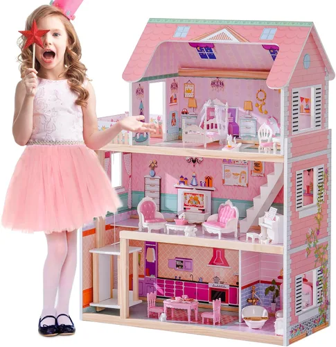 ROBOTIME Casa de muñecas de madera, juego de casas de muñecas con 24 muebles para muñecas de 4, 5, 6 pulgadas, regalo de casa de muñecas para niñas