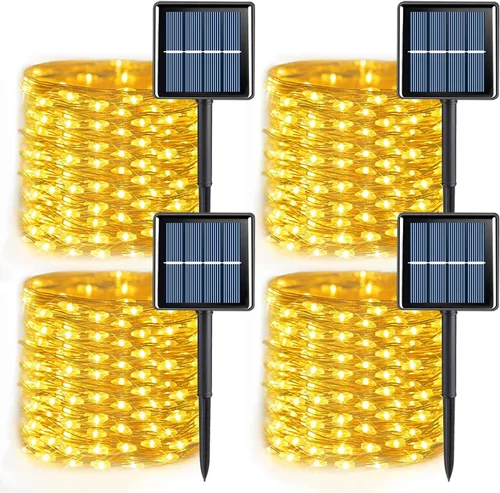Vista 13 de QITONG - 4 paquetes de luces solares de Navidad blancas, cada una de 33 pies, 100 LED, luces de hadas impermeables para exteriores, 8 modos, luces
