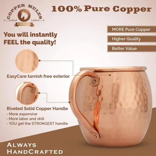 Vista 3 de Copper Mules PURE - Juego de tazas de cobre extra gruesas/acabado martillado de 2 barriles – Interior EasyCare ideal para mulas de Moscú – Mango