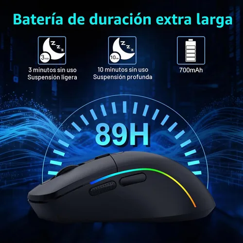 Vista 6 de E-YOOSO Mouse inalámbrico para juegos, 10,000 DPI, trimodo de 2.4 GHz/Bluetooth/USB-C con cable, retroiluminación RGB, 6 botones programables, mouse