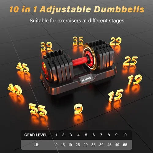 Vista 3 de Mancuerna Ajustable de 55 libras, Mancuerna de Pesas Ajustables de Mano 10 en 1 con Mango de Textura Antideslizante, Ejercicio y Fitness