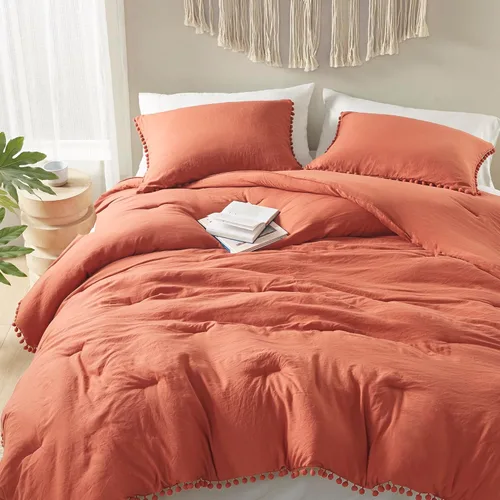 Vista 10 de Codi Juego de edredón beige tamaño individual para niñas, ropa de cama con diseño de flecos de pompones, ropa de cama bonita de microfibra lavada