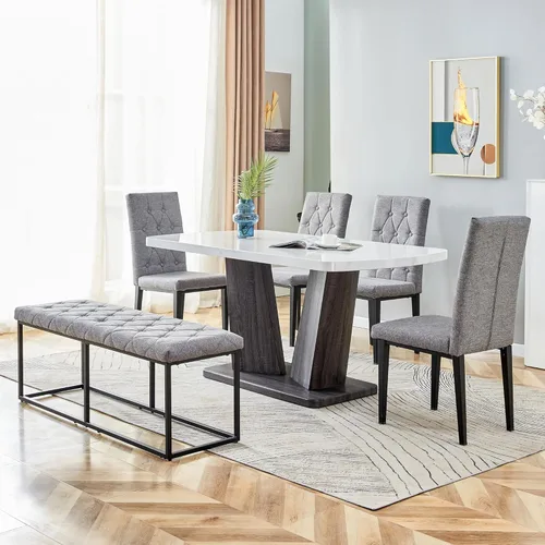 Vista 7 de Mesa de comedor de mármol, mesa de comedor moderna de 63 pulgadas, mesa de comedor blanca para 4-6, mesa de cocina de mármol blanco, mesa de comedor