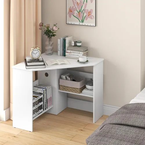 Vista 4 de IFANNY Escritorio esquinero para computadora, escritorio triangular de 90 grados con estantes y soporte para CPU, escritorio de maquillaje