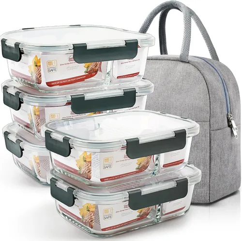 Vista 9 de DAS TRUST Paquete de 5 recipientes de almacenamiento de alimentos de 36 onzas, 2 compartimentos, recipientes de vidrio para preparación de comidas