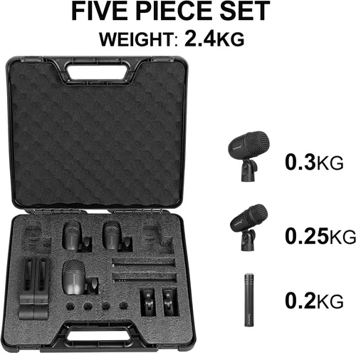 Vista 8 de Depusheng Kit de micrófono dinámico con cable de 5 piezas (completamente metálico) para bombo, tom/redoblante y platillos - Micrófono para tambores